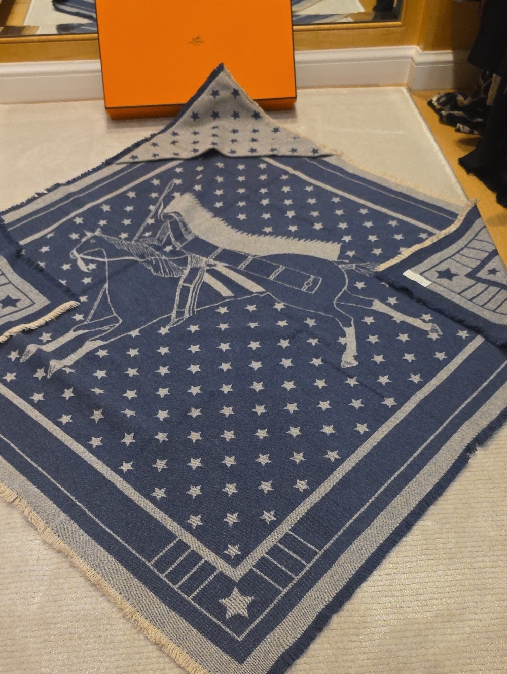 Hermès Blue Star & Horse Cashmere Baby Blanket, Unused